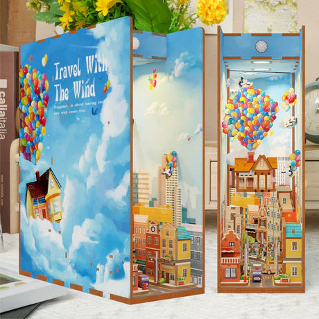 TQ126 Travel With The Wind DIY Book Nook Kit Air Balloon City Miniature Diorama Decors
