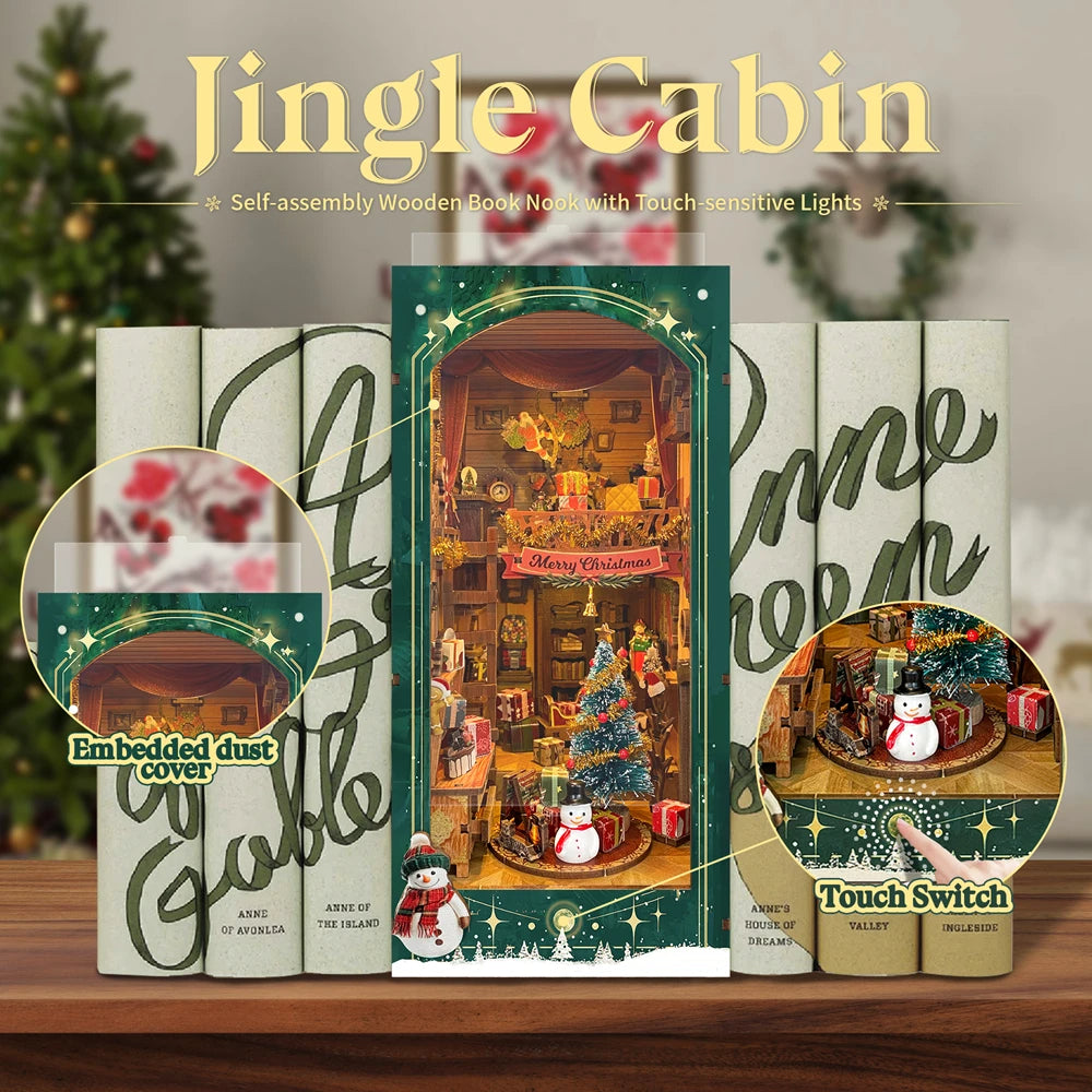 SQ34 DIY Book Nook Kit Christmas Book Nook Jingle Cabin Book Nook Christmas Decor Book Shelf Insert Holiday Miniatures DIY Bookend Best Gift