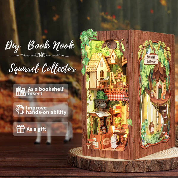 DY03 Squirrel Collector DIY Book Nook Kit Bookshelf Insert Diorama Scenery Miniature Crafts