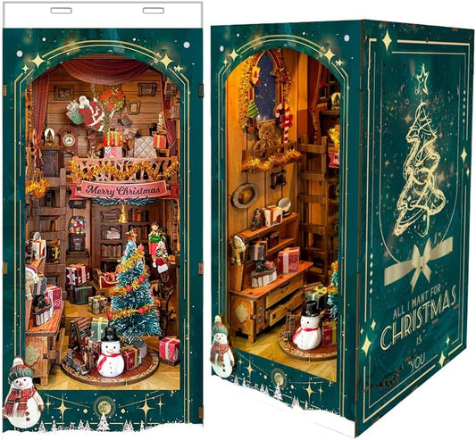 SQ34 DIY Book Nook Kit Christmas Book Nook Jingle Cabin Book Nook Christmas Decor Book Shelf Insert Holiday Miniatures DIY Bookend Best Gift