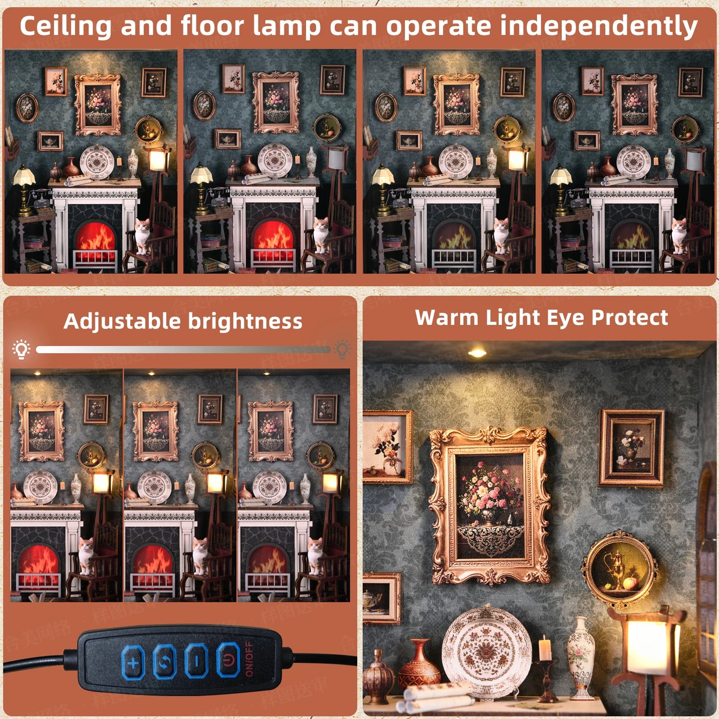 ZR02 Fireplace DIY Dollhouse Miniature Kit Chimney - Hearth - Settle - Furnace Miniature Frame Wall Decor With LED