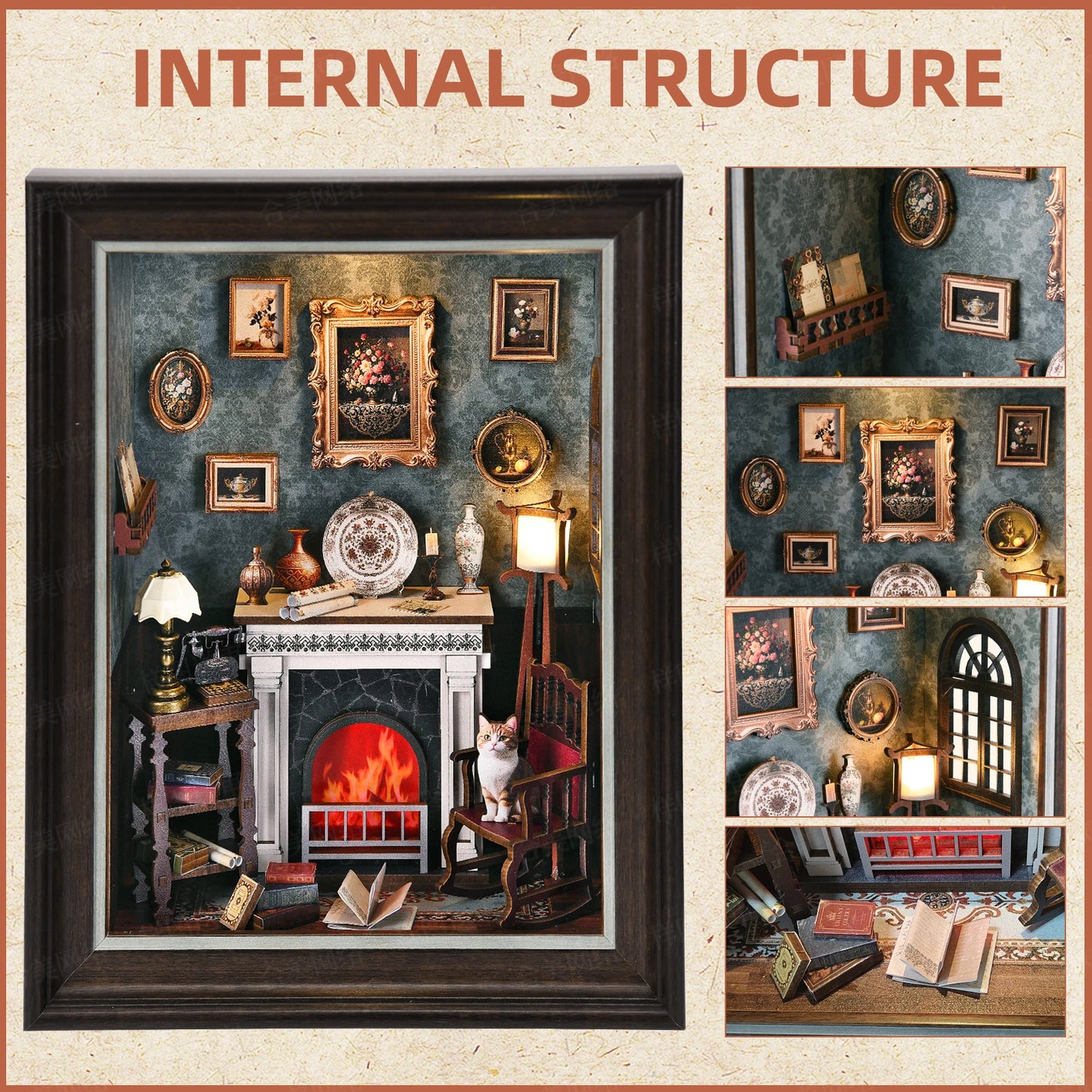 ZR02 Fireplace DIY Dollhouse Miniature Kit Chimney - Hearth - Settle - Furnace Miniature Frame Wall Decor With LED