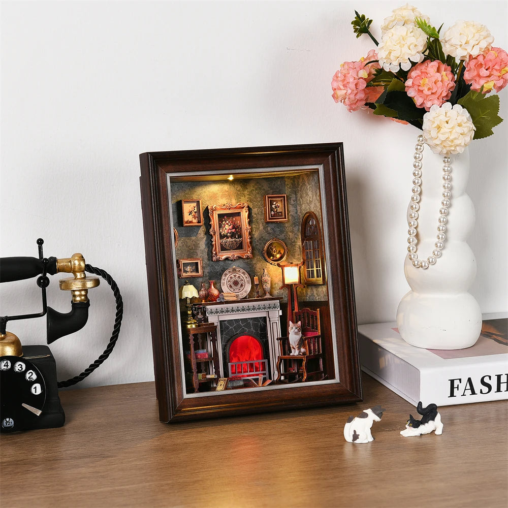 ZR02 Fireplace DIY Dollhouse Miniature Kit Chimney - Hearth - Settle - Furnace Miniature Frame Wall Decor With LED