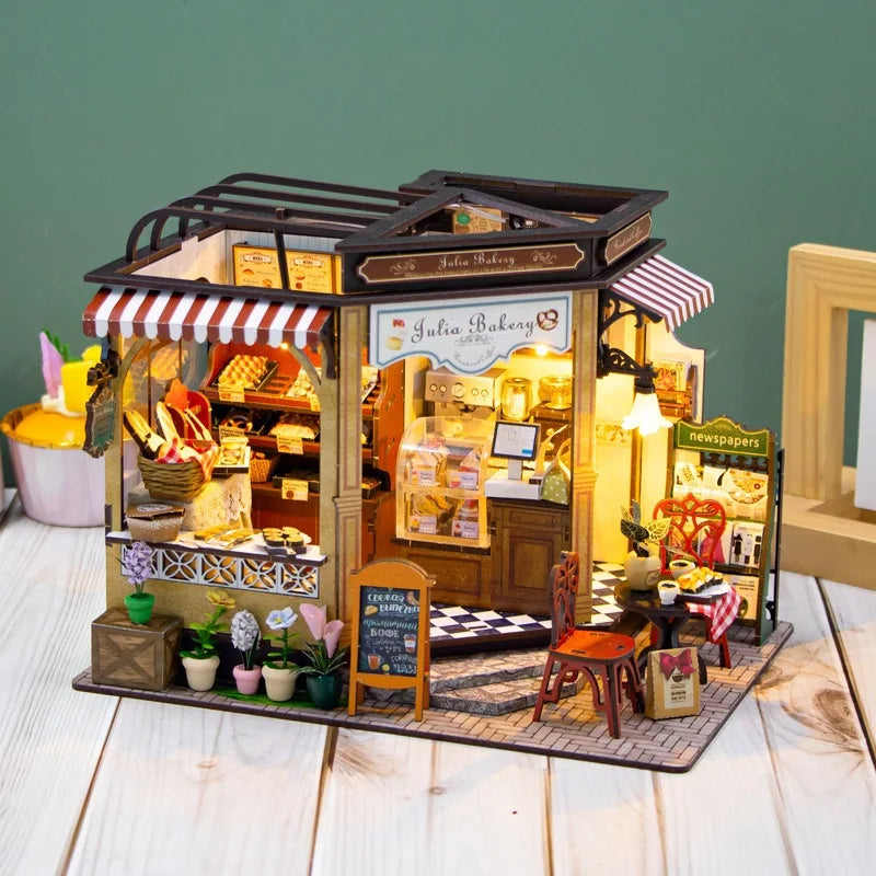 M2422 Julia Bakery DIY Dollhouse Miniature Kit Cake Shop Miniature Cafe Scenery Diorama