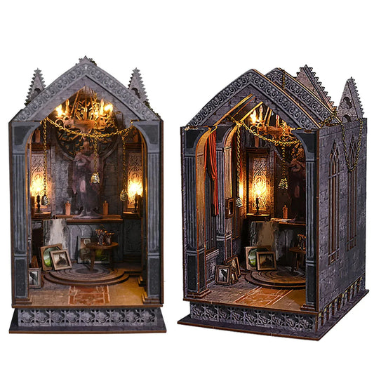 SL16 DIY Book Nook Kit Quite Night Prayer Bookshelf Insert Gothic Style Cathedral Miniature Church Miniature Diorama Scenery