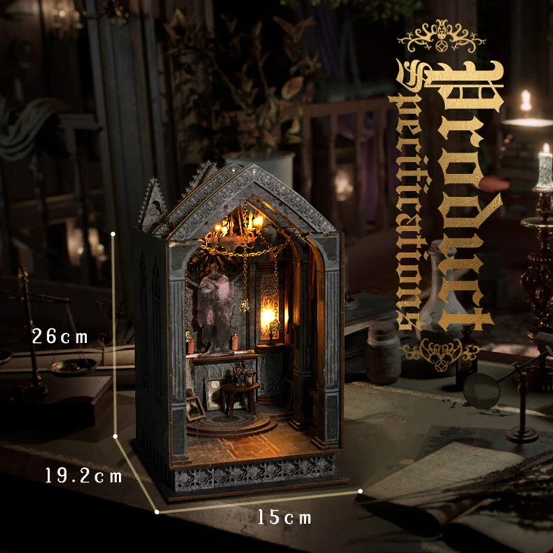 SL16 DIY Book Nook Kit Quite Night Prayer Bookshelf Insert Gothic Style Cathedral Miniature Church Miniature Diorama Scenery
