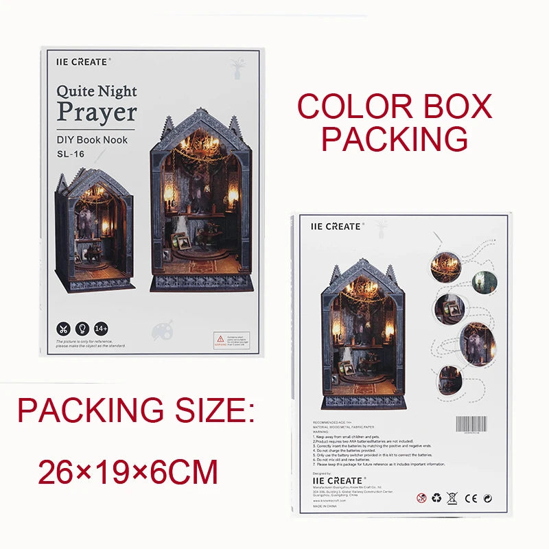SL16 DIY Book Nook Kit Quite Night Prayer Bookshelf Insert Gothic Style Cathedral Miniature Church Miniature Diorama Scenery