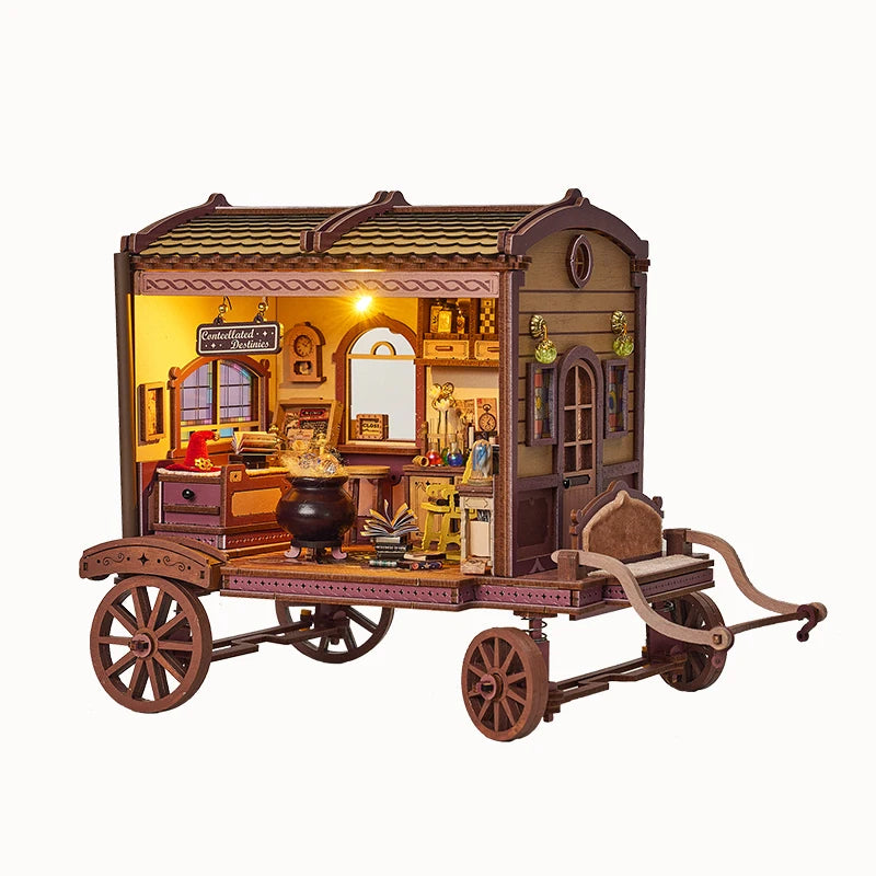 K1084 DIY Dollhouse Kit Entropy's Flow Miniature Horse Carriage Cart Doll House Caravan Camper Van Diorama