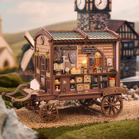 K1084 DIY Dollhouse Kit Entropy's Flow Miniature Horse Carriage Cart Doll House Caravan Camper Van Diorama