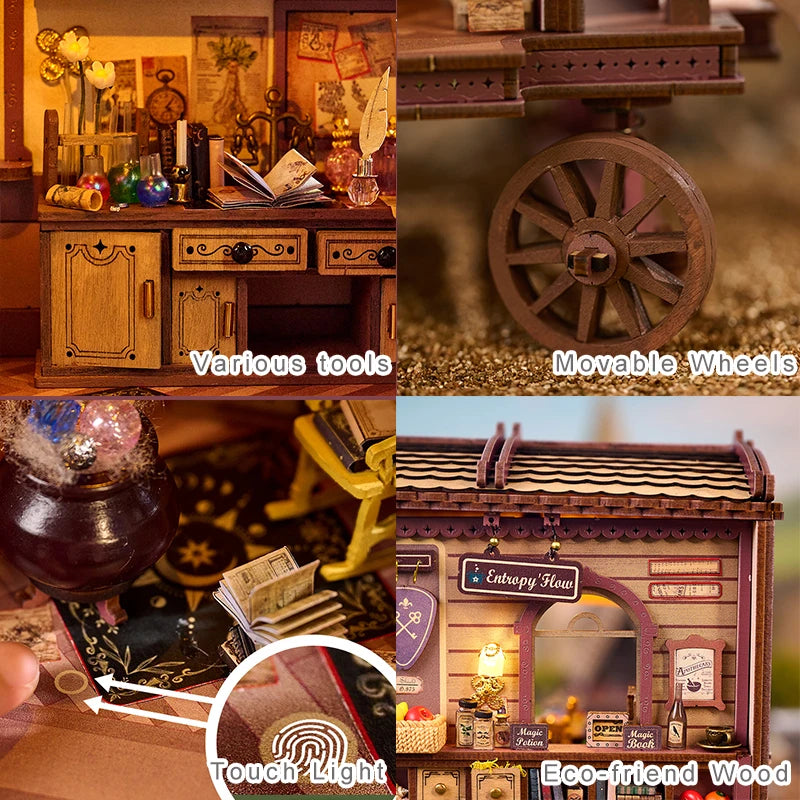 K1084 DIY Dollhouse Kit Entropy's Flow Miniature Horse Carriage Cart Doll House Caravan Camper Van Diorama