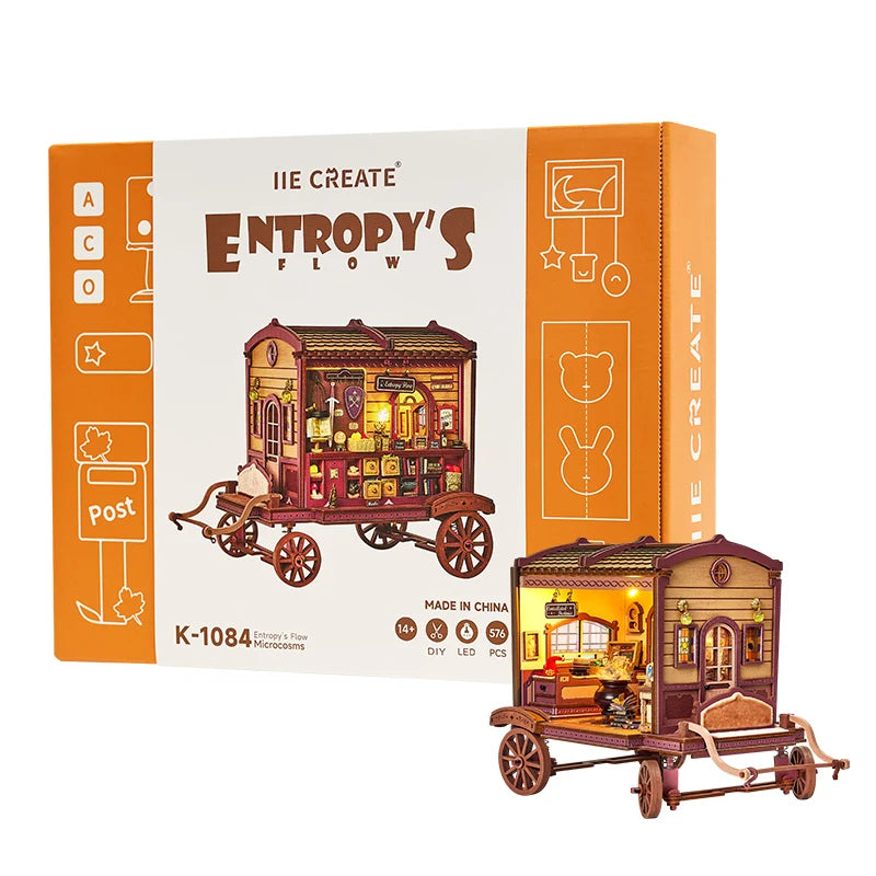 K1084 DIY Dollhouse Kit Entropy's Flow Miniature Horse Carriage Cart Doll House Caravan Camper Van Diorama