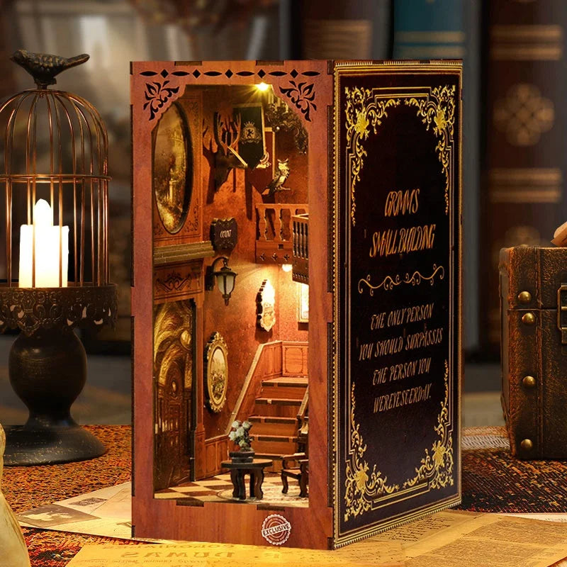 BV02-003 DIY Book Nook Kit Grimm's Small Building Spiral Staircase Miniature Bookshelf Insert