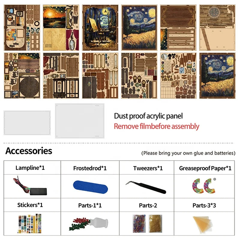 BV02-015 DIY Book Nook Kit A World Within The Frame Miniature Bookshelf Insert Van Gogh Starry Night Painting Diorama Sceenry Crafts