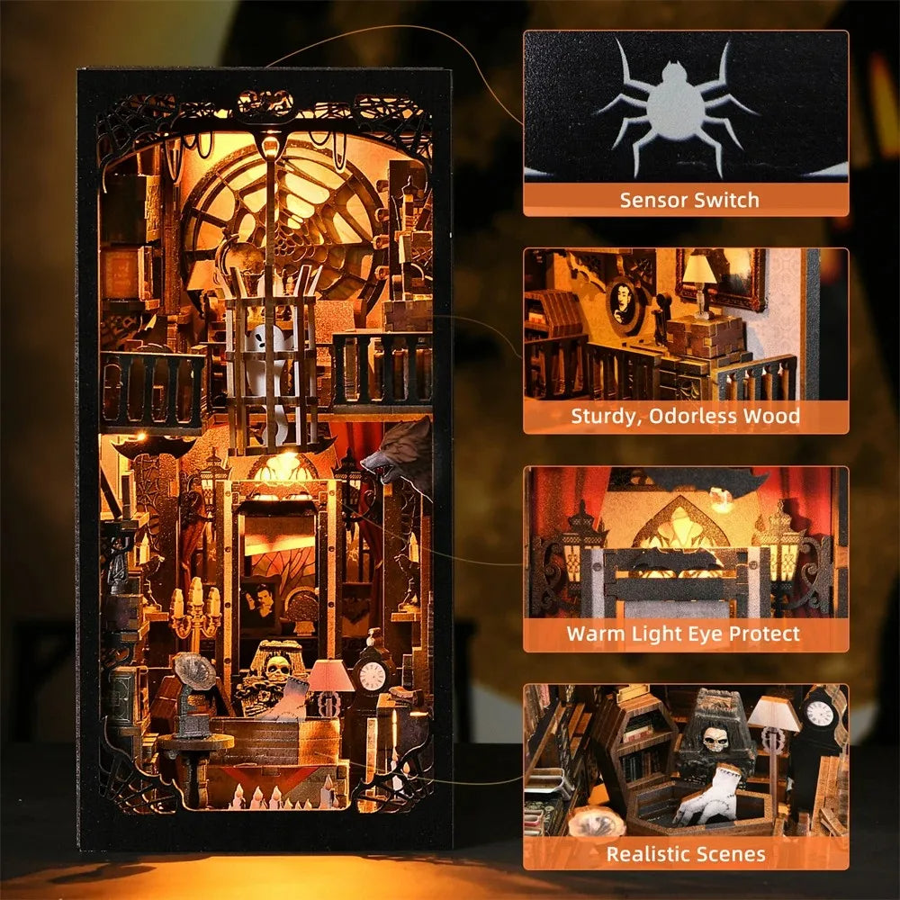 SL04 Dark Family DIY Book Nook Kit Halloween Miniature Decor Wednesday The Addams Family Miniature Bookshelf Insert