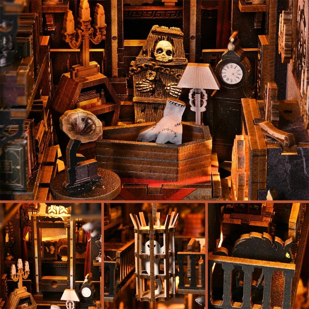 SL04 Dark Family DIY Book Nook Kit Halloween Miniature Decor Wednesday The Addams Family Miniature Bookshelf Insert