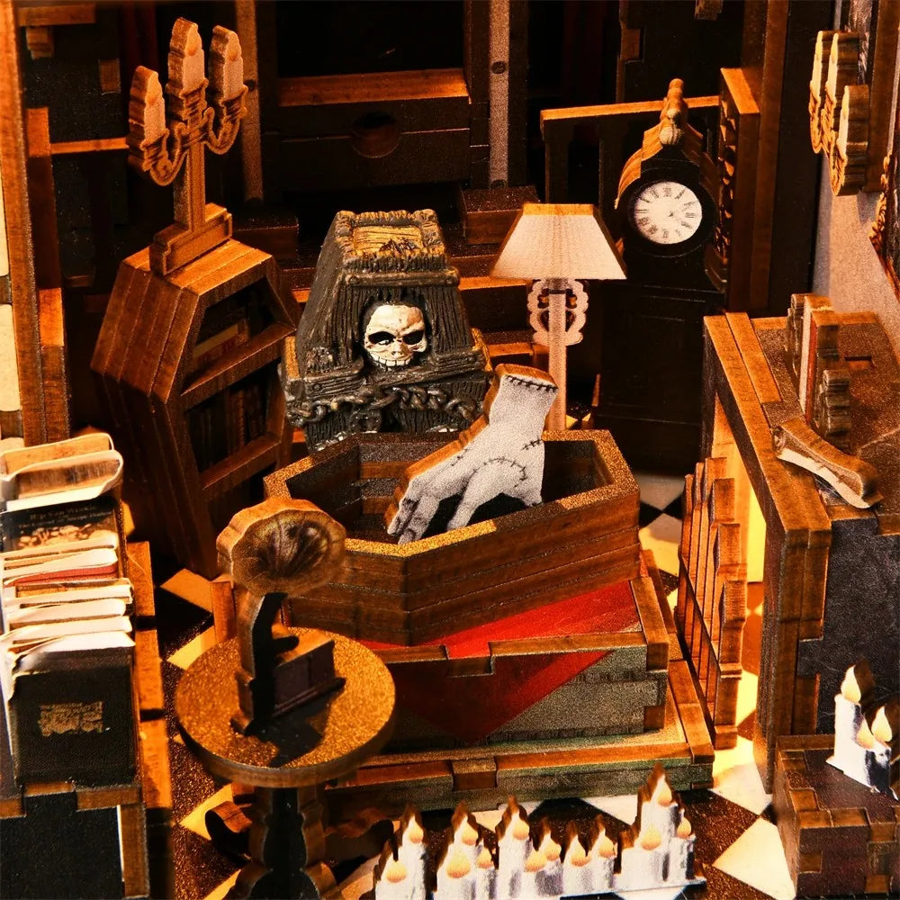 SL04 Dark Family DIY Book Nook Kit Halloween Miniature Decor Wednesday The Addams Family Miniature Bookshelf Insert