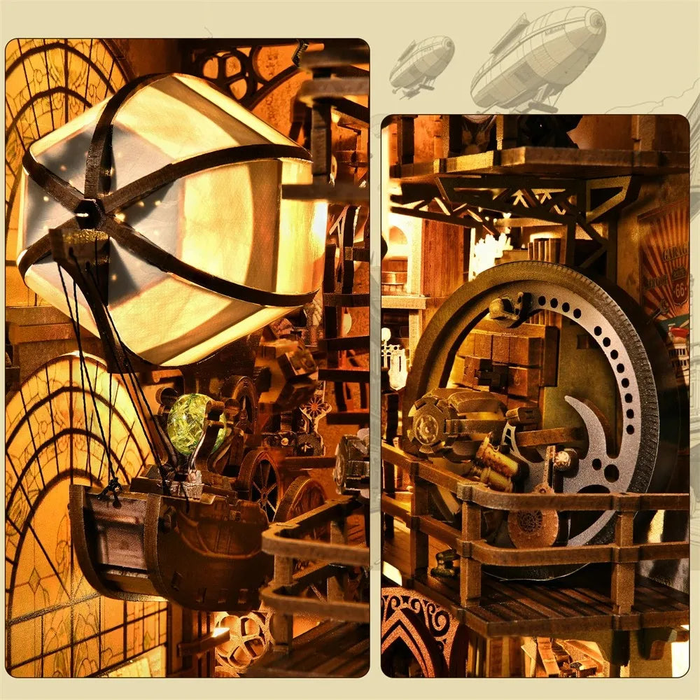 YM05 Uncle Peter Workshop DIY Book Nook Kit Hot Air Balloon Airship Miniature Blimp Mechanical Miniature Bookshelf Decor Kits