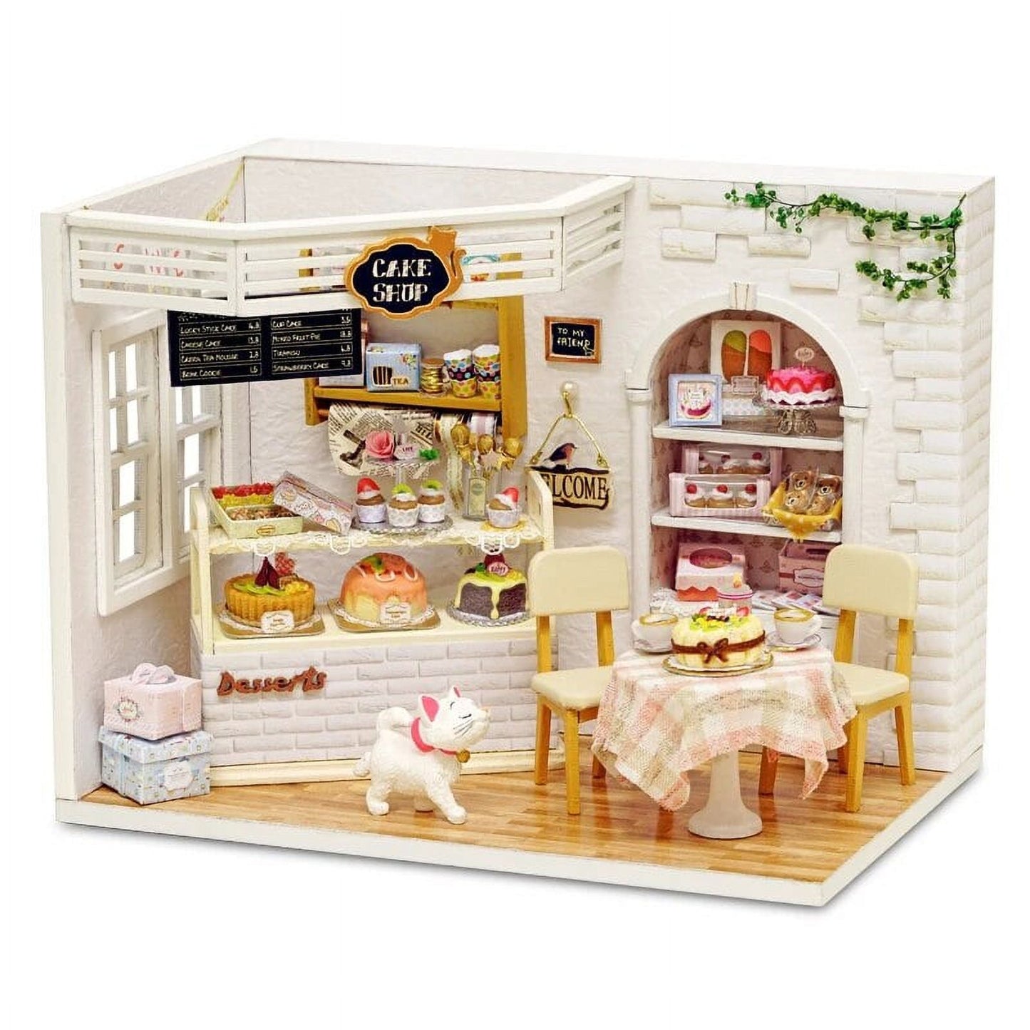 H014 DIY Dollhouse Kit Cake Shop Miniature Bakery Dessert Store Cat Cafe Diorama