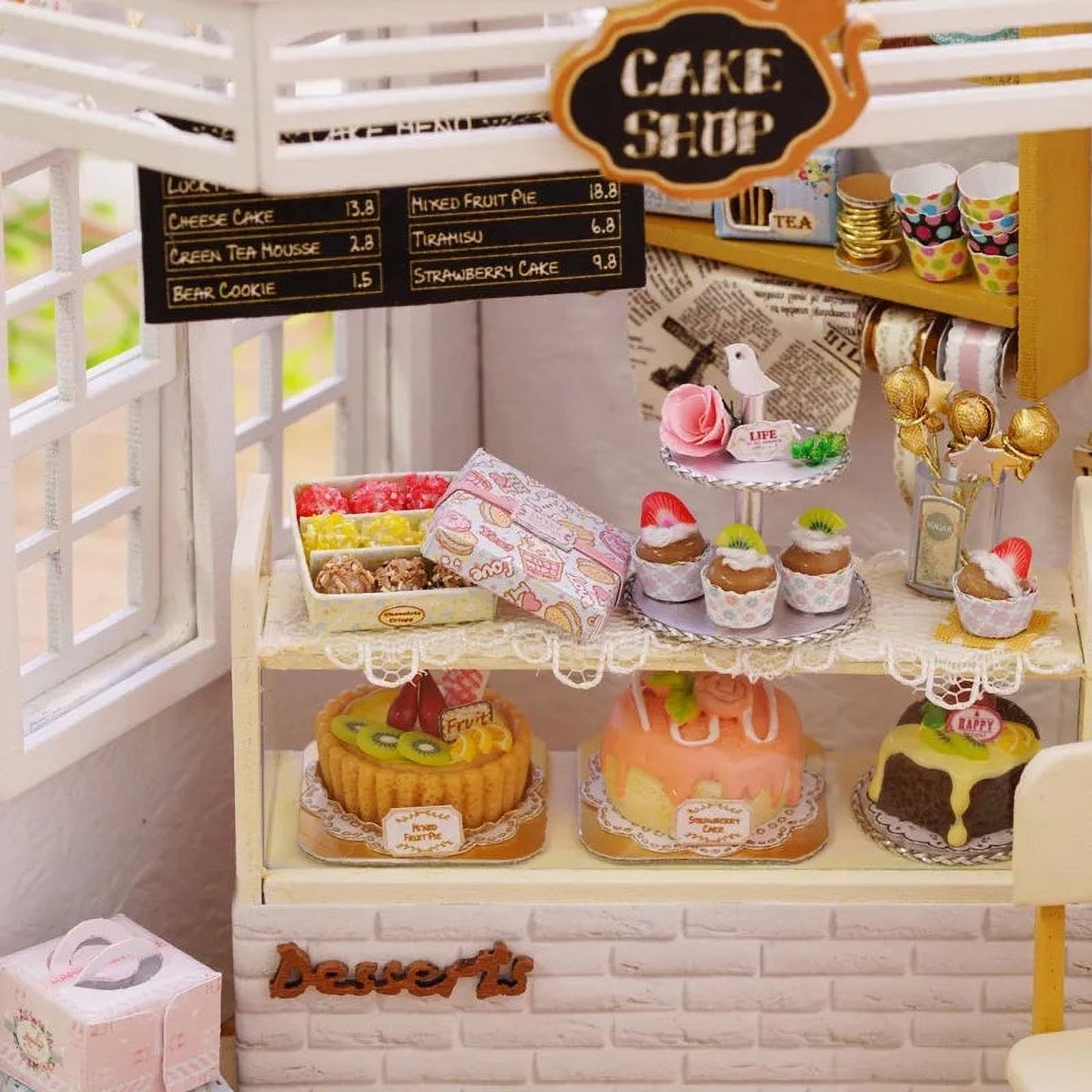 H014 DIY Dollhouse Kit Cake Shop Miniature Bakery Dessert Store Cat Cafe Diorama
