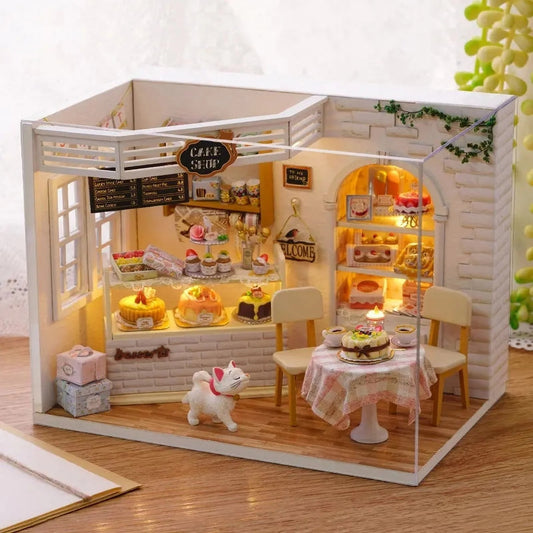 H014 DIY Dollhouse Kit Cake Shop Miniature Bakery Dessert Store Cat Cafe Diorama