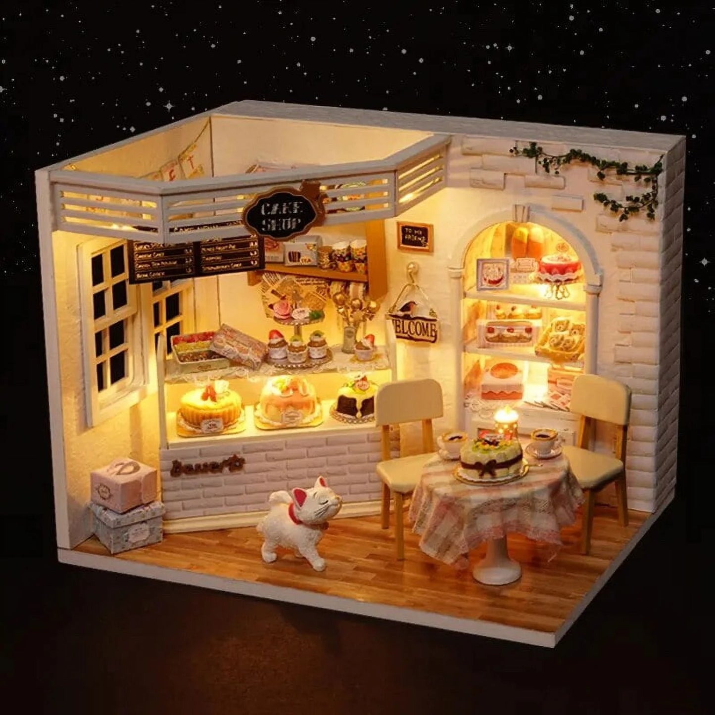H014 DIY Dollhouse Kit Cake Shop Miniature Bakery Dessert Store Cat Cafe Diorama