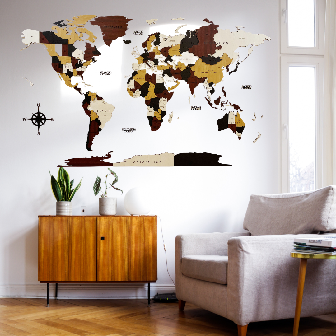 3D Wooden World Map - Travellers World Map - Wall Decor - Push Pin World Travel Maps - Wall Art for Home & Office Decor