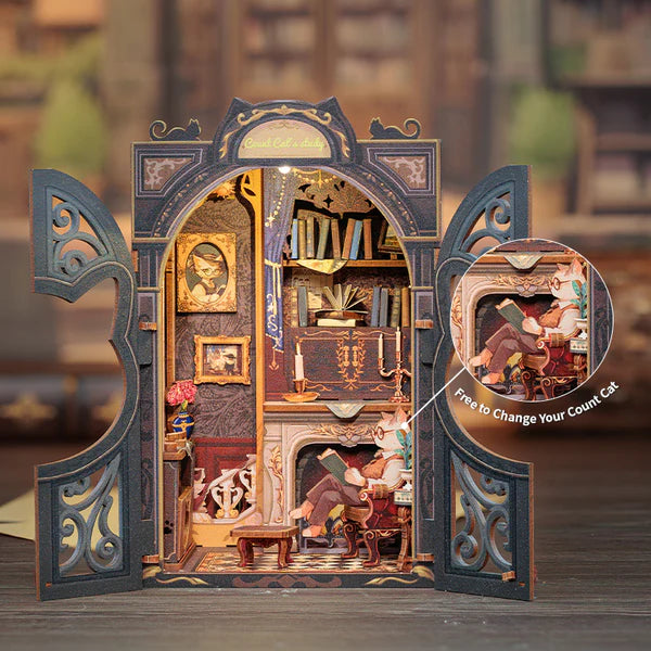 SD03 Count Cat's Study DIY Book Nook Kit Bookshelf Insert Diorama Scenery Miniature Crafts