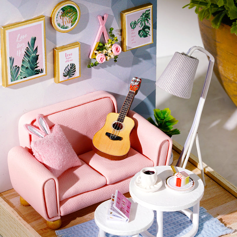QT025 Afternoon Tea Time DIY Dollhouse Kit Miniature House Living Room 3D Wooden Puzzles