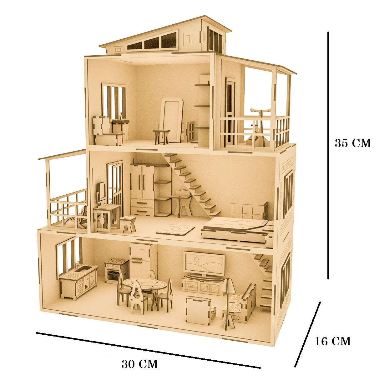 RCD001 Three Story Miniature Dollhouse Large Wooden Dollhouse Three Floor Building House