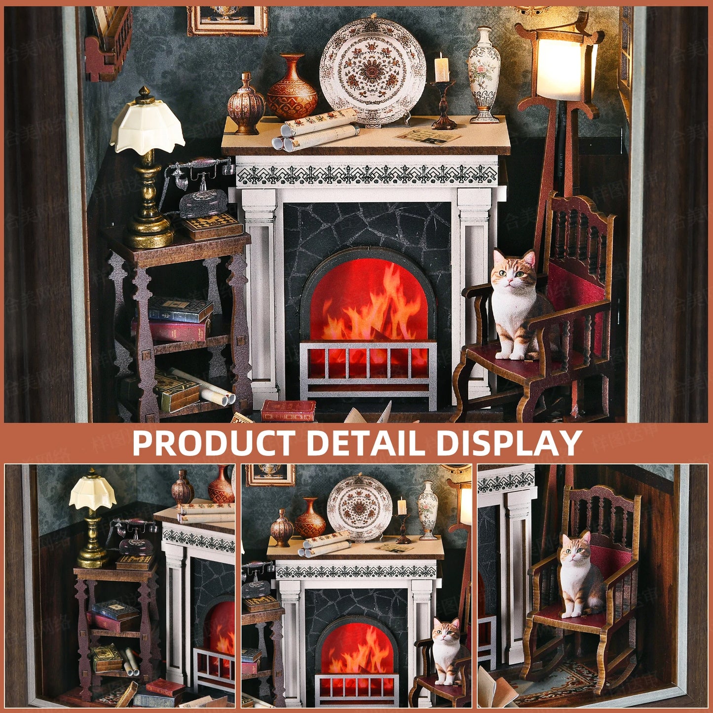 ZR02 Fireplace DIY Dollhouse Miniature Kit Chimney - Hearth - Settle - Furnace Miniature Frame Wall Decor With LED
