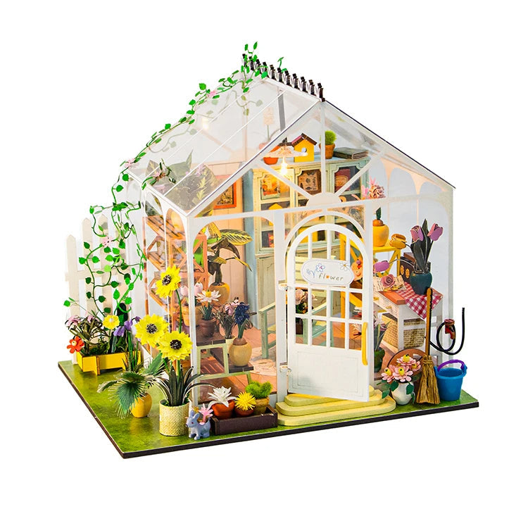 M2421 Sunshine Flower DIY Dollhouse Miniature Kit Garden House Miniature Greenhouse Diorama Scenery