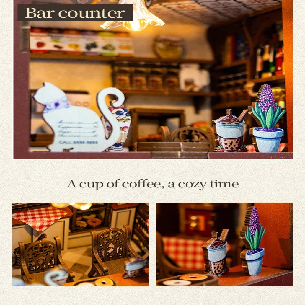 M2411 Coffee House DIY Book Nook Kit Cat Cafe Restaurant Miniature Diorama Scenery Decor