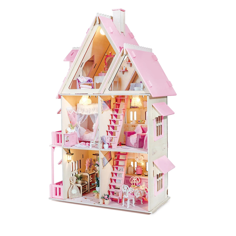 K1069B Isabel's Dream DIY Dollhouse Kit 3 Floor Pink Wooden Miniature Crafts Kits