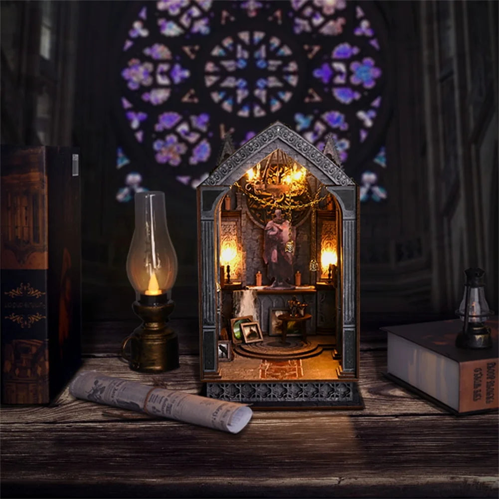 SL16 DIY Book Nook Kit Quite Night Prayer Bookshelf Insert Gothic Style Cathedral Miniature Church Miniature Diorama Scenery