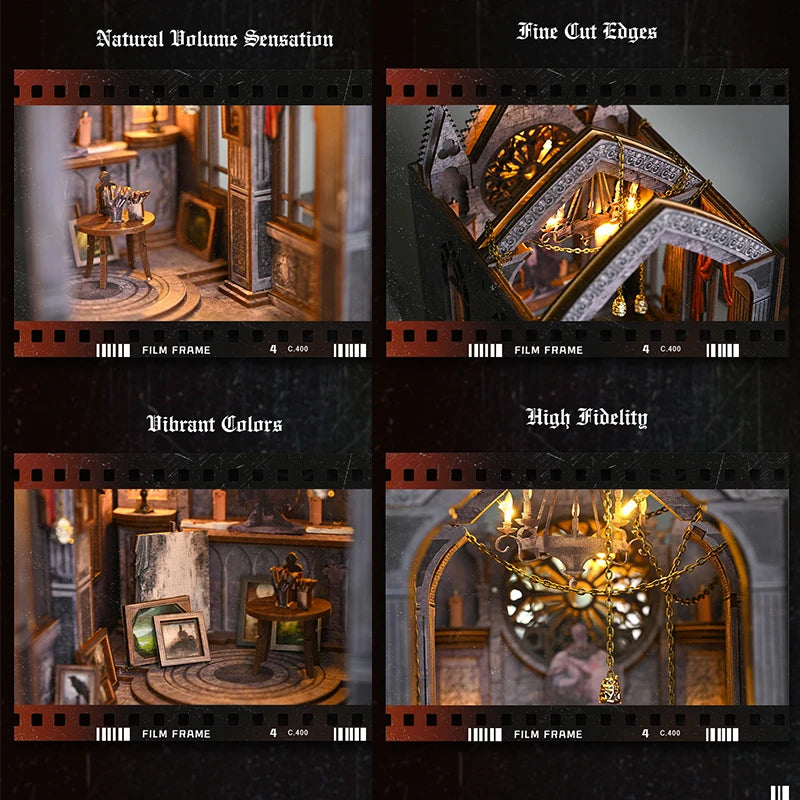 SL16 DIY Book Nook Kit Quite Night Prayer Bookshelf Insert Gothic Style Cathedral Miniature Church Miniature Diorama Scenery
