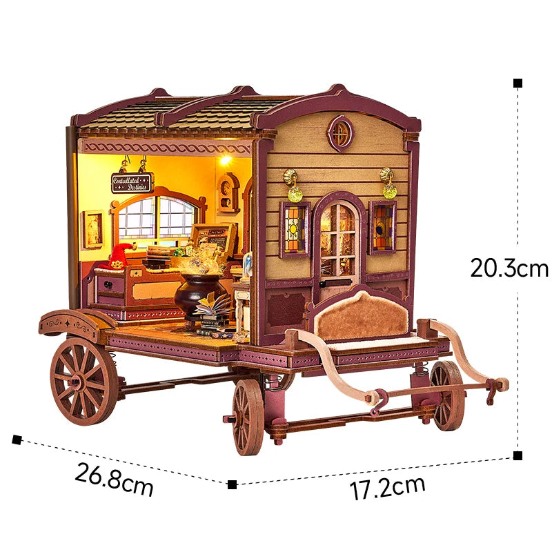 K1084 DIY Dollhouse Kit Entropy's Flow Miniature Horse Carriage Cart Doll House Caravan Camper Van Diorama
