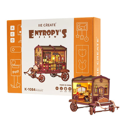 K1084 DIY Dollhouse Kit Entropy's Flow Miniature Horse Carriage Cart Doll House Caravan Camper Van Diorama