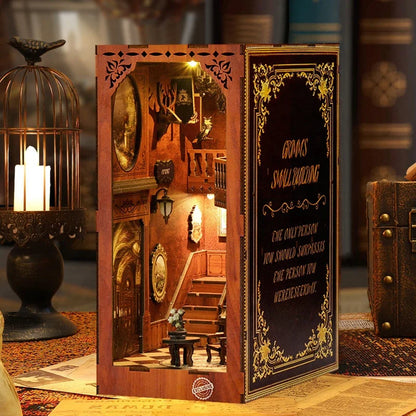BV02-003 DIY Book Nook Kit Grimm's Small Building Spiral Staircase Miniature Bookshelf Insert