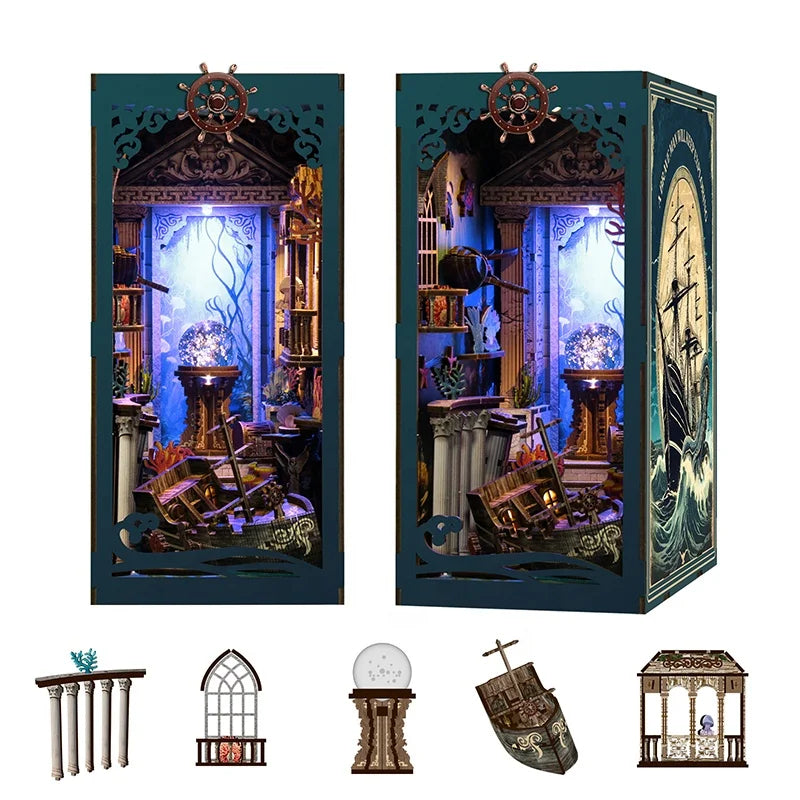 BV02-010 DIY Book Nook Kit Riddle On The Seabed Miniature Bookshelf Insert Marine Ship Diorama Scenery