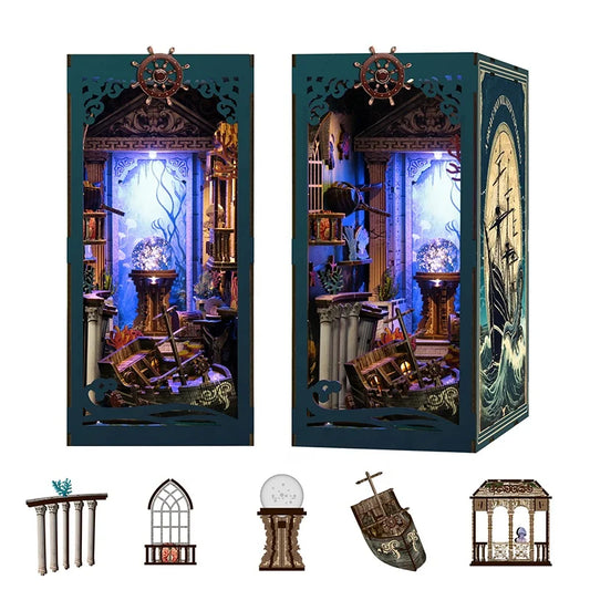 BV02-010 DIY Book Nook Kit Riddle On The Seabed Miniature Bookshelf Insert Marine Ship Diorama Scenery