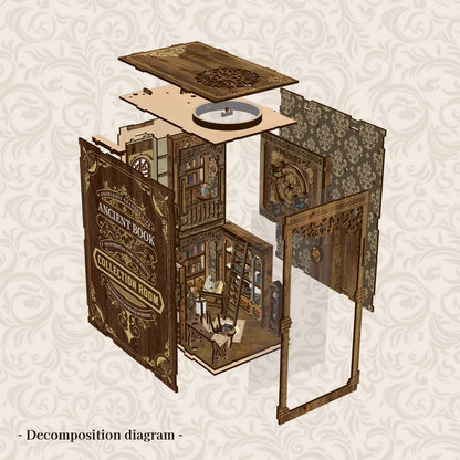 BV02-008 DIY Book Nook Kit Ancient Library Miniature Bookshelf Insert Collection Room Diorama Scenery Crafts