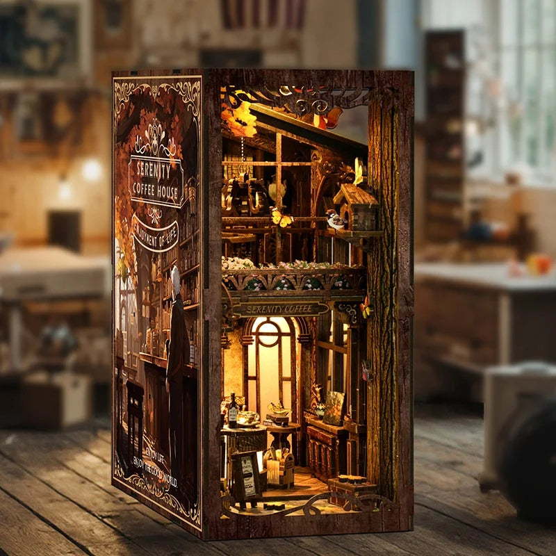 BV02-012 DIY Book Nook Kit Serenity Coffee House Miniature Bookshelf Insert Diorama Scenery Crafts