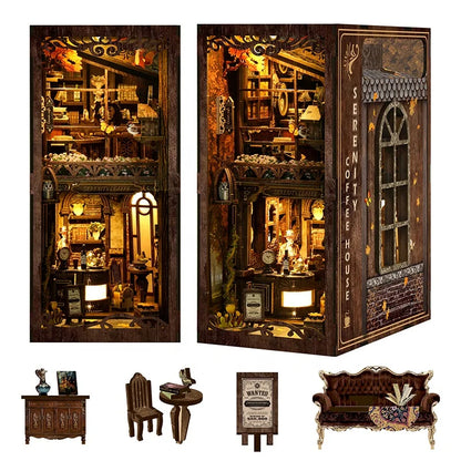 BV02-012 DIY Book Nook Kit Serenity Coffee House Miniature Bookshelf Insert Diorama Scenery Crafts