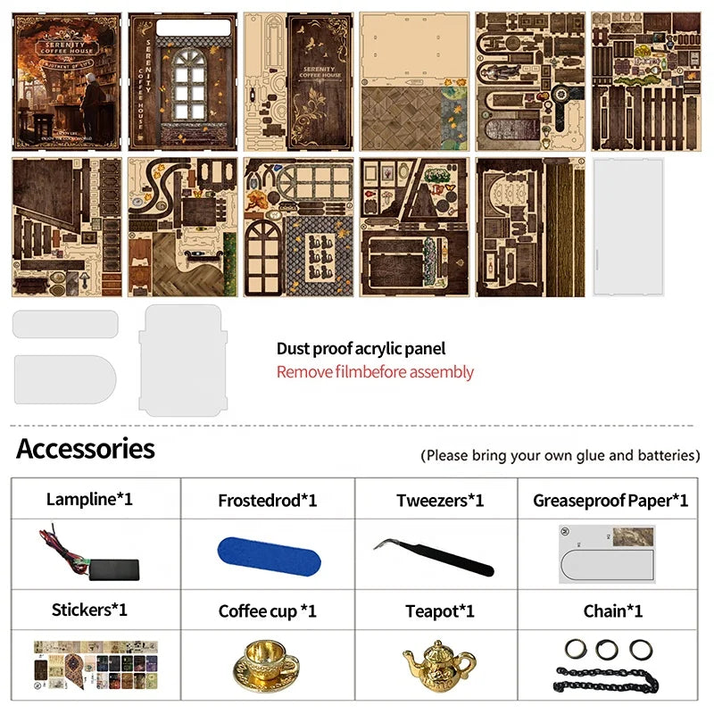 BV02-012 DIY Book Nook Kit Serenity Coffee House Miniature Bookshelf Insert Diorama Scenery Crafts