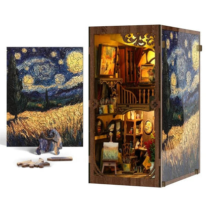 BV02-015 DIY Book Nook Kit A World Within The Frame Miniature Bookshelf Insert Van Gogh Starry Night Painting Diorama Sceenry Crafts