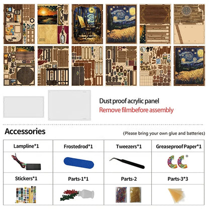BV02-015 DIY Book Nook Kit A World Within The Frame Miniature Bookshelf Insert Van Gogh Starry Night Painting Diorama Sceenry Crafts