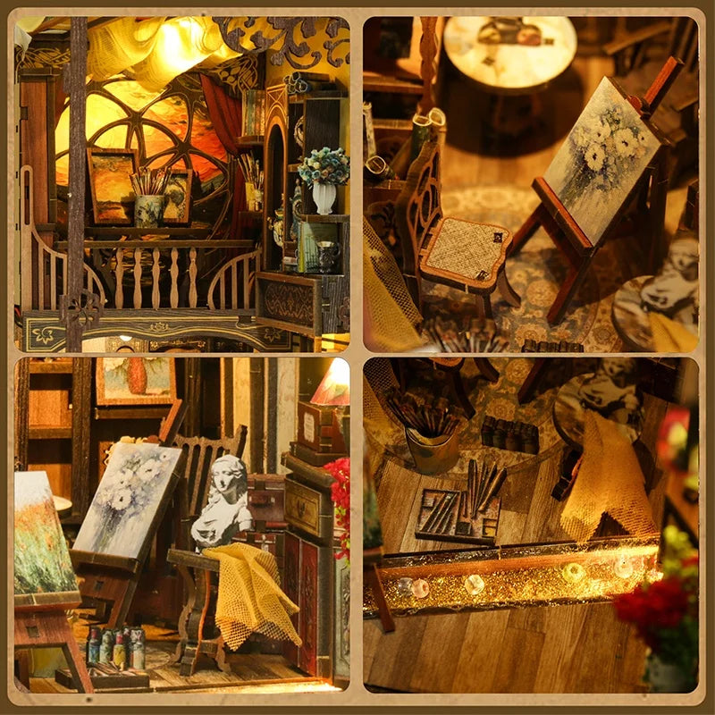 BV02-015 DIY Book Nook Kit A World Within The Frame Miniature Bookshelf Insert Van Gogh Starry Night Painting Diorama Sceenry Crafts