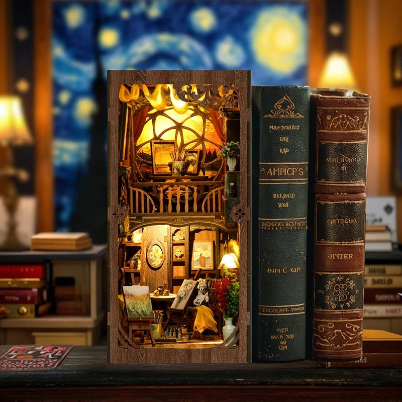 BV02-015 DIY Book Nook Kit A World Within The Frame Miniature Bookshelf Insert Van Gogh Starry Night Painting Diorama Sceenry Crafts