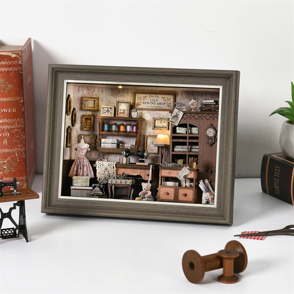 ZR01 Lily Sewing Shop DIY Dollhouse Miniature Kits Miniature Frames Tailor Shop Clothing Alterations Shop