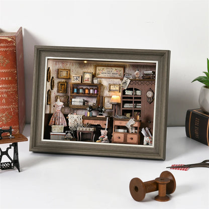 ZR01 Lily Sewing Shop DIY Dollhouse Miniature Kits Miniature Frames Tailor Shop Clothing Alterations Shop
